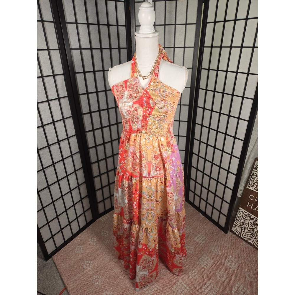 043-Grace Karin Orange Paisley Patchwork Smocked Halter Maxi Dress Medium